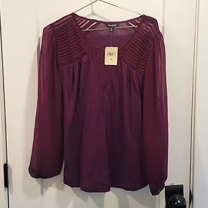 Nwt Lucky Brand Plum Colored Sheer Sleeve Top Women's Medium